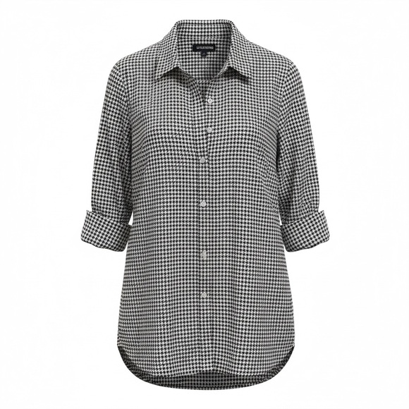 Lands' End Tops - Land’s End Black/White Houndstooth Button-Up Women’s Size 14 Shirt Rolled Sleeve